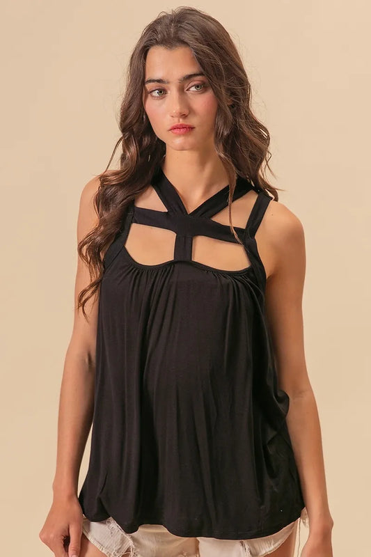 Black Rayon Span Jersey Cut Out with Straps Detailed - Tigbul's Variety Fashion Shop