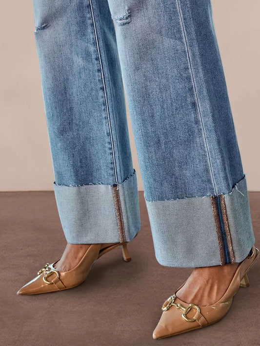 Women's Distressed High-Waisted Wide Cuff Flare Jeans |Tigbuls