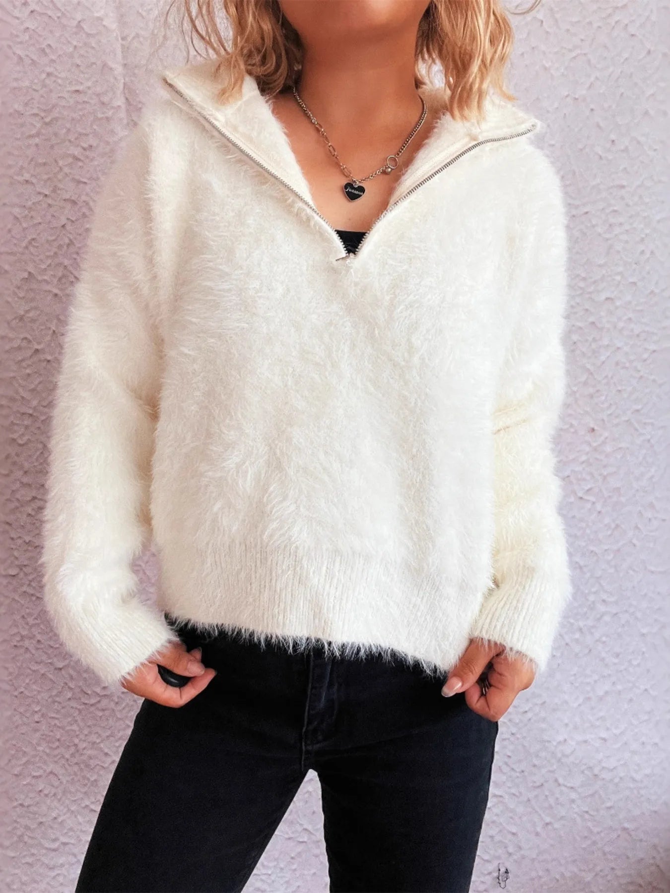 Cozy Fuzzy Half-Zip Sweater - Tigbul's Variety Fashion Shop