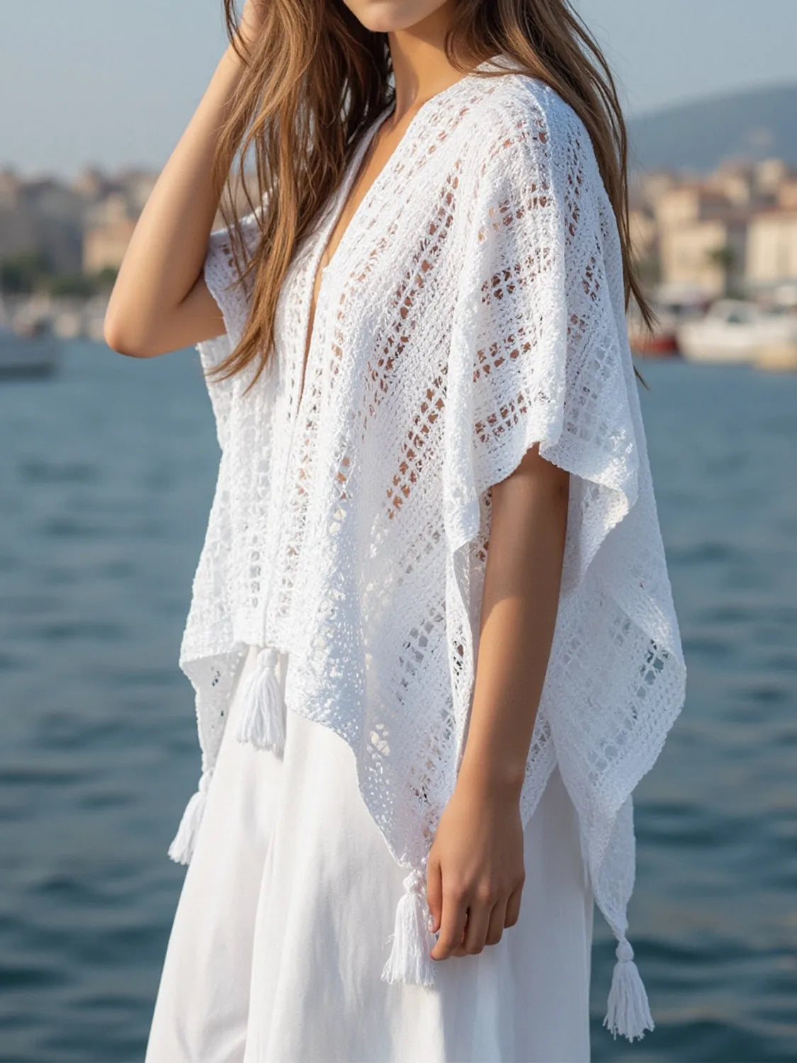 Openwork Tassel Open Front Knit Cover Up - Tigbul's Variety Fashion Shop