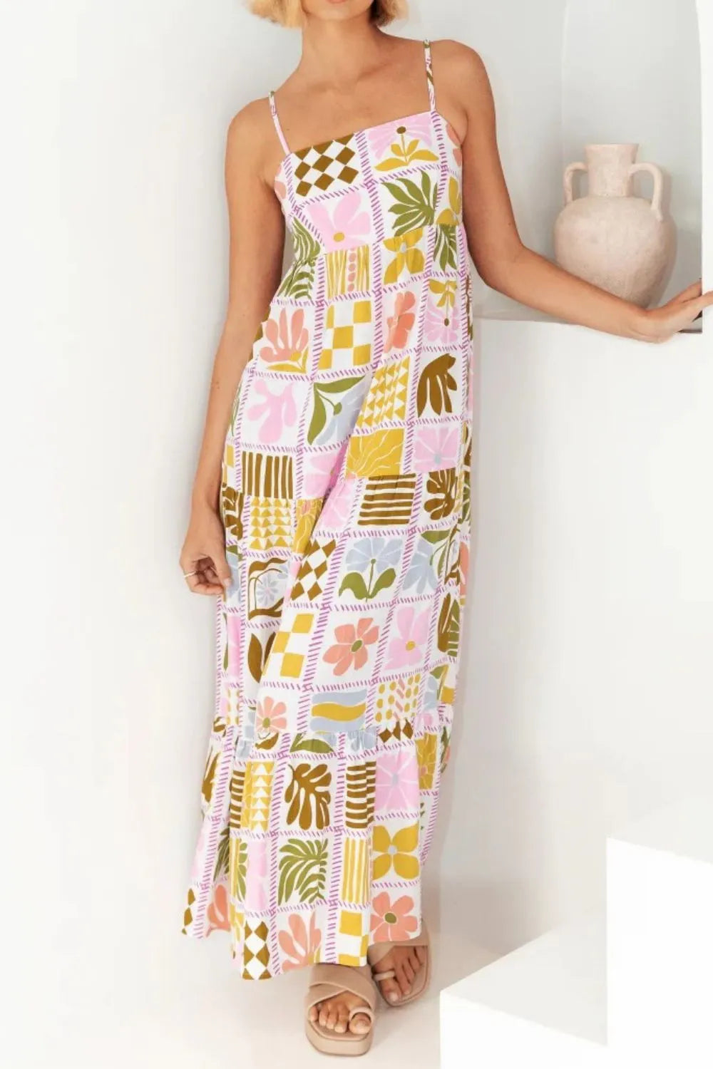 Cutout Back Printed Square Neck Maxi Cami Dress - Tigbul's Variety Fashion Shop
