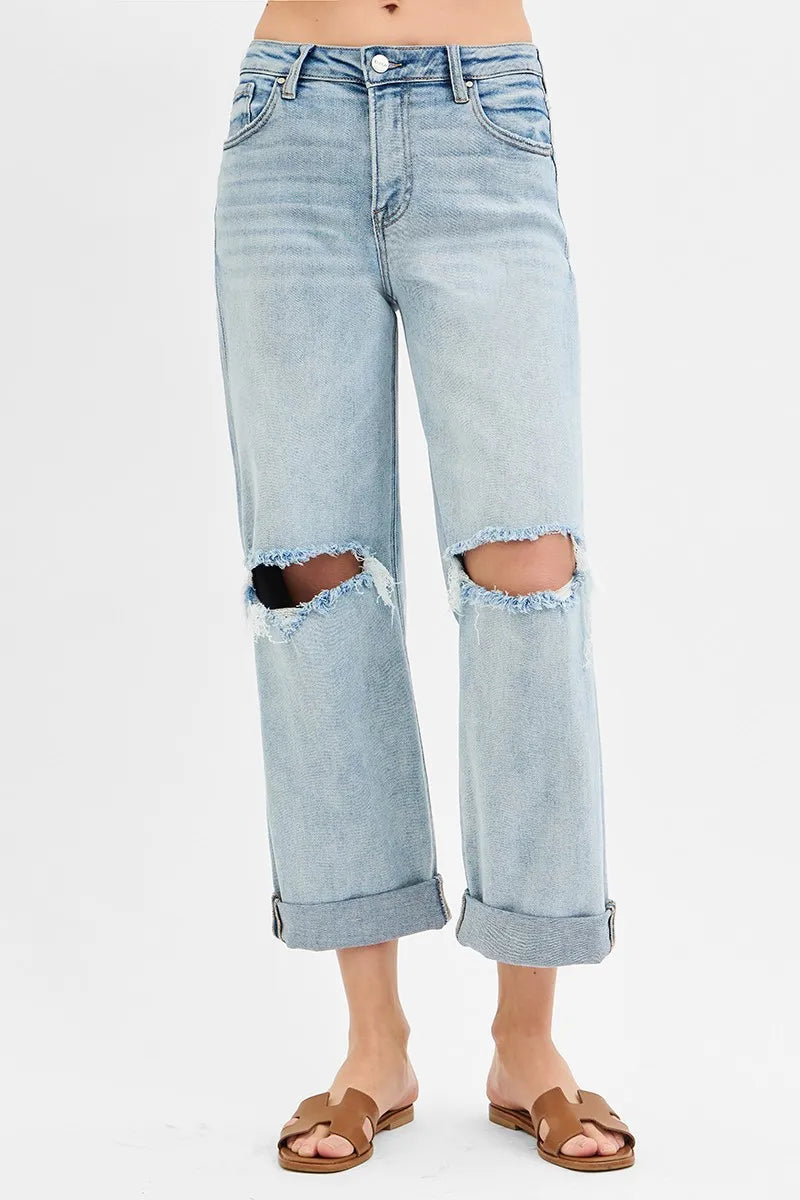 RISEN Full Size Mid Rise Fit Boyfriend Jeans with Cuff Plus Size - Tigbul's Variety Fashion Shop