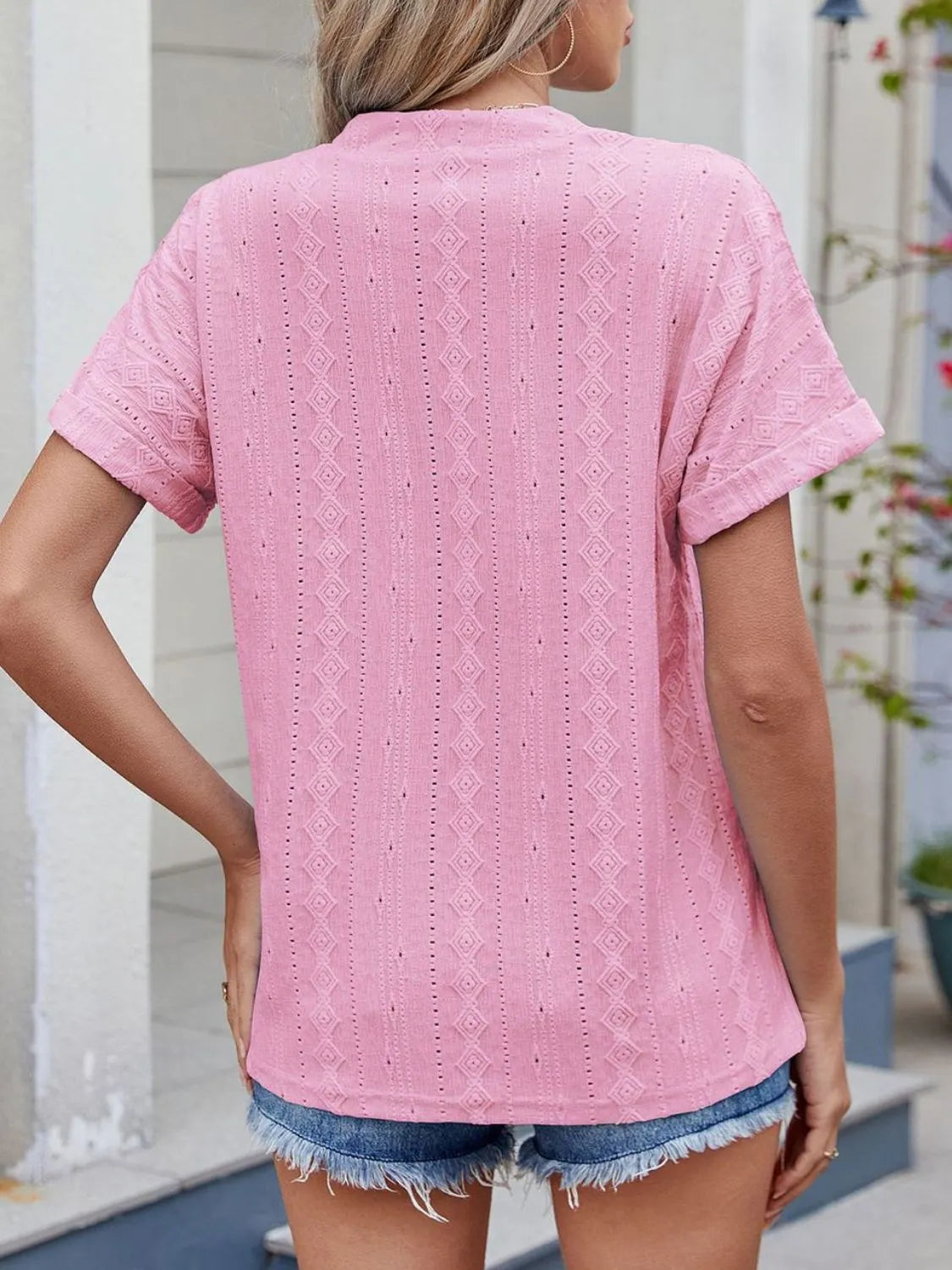 Eyelet Notched Short Sleeve Top - Tigbul's Variety Fashion Shop