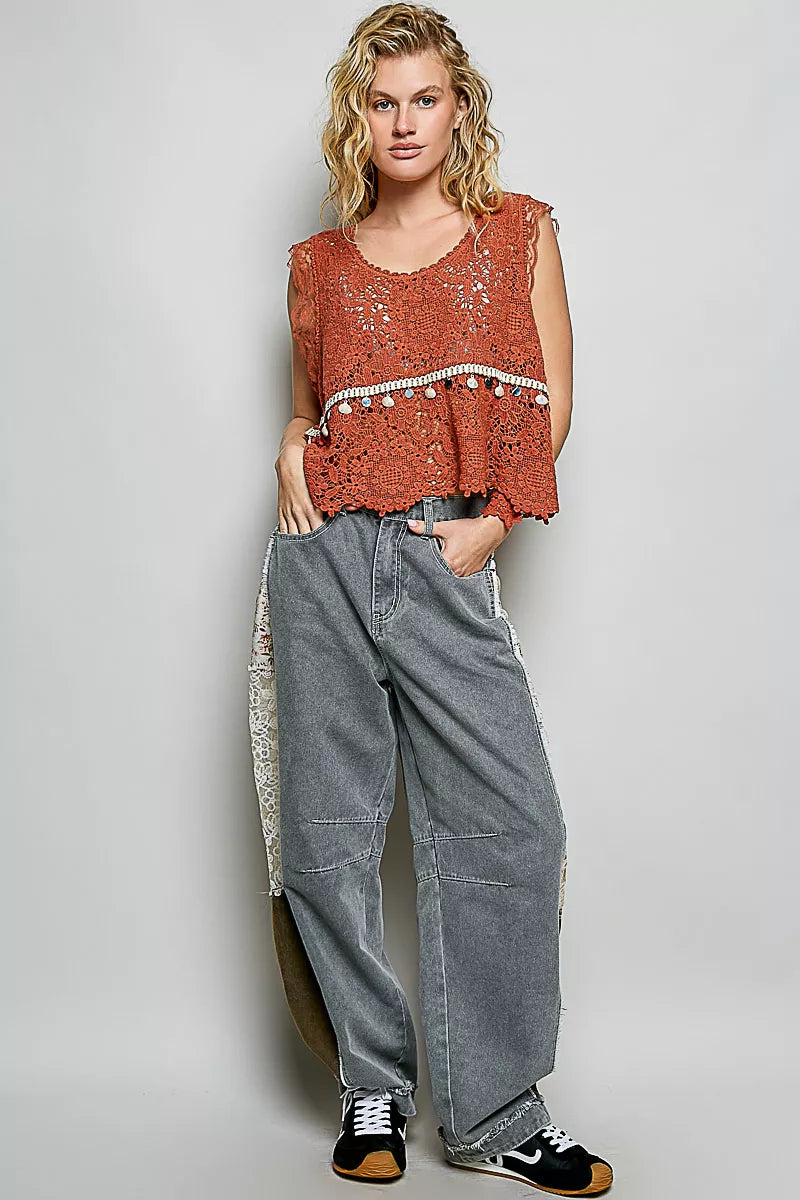 POL Lace Trim Openwork V-Neck Crochet Tank with Scalloped Edge - Tigbul's Variety Fashion Shop