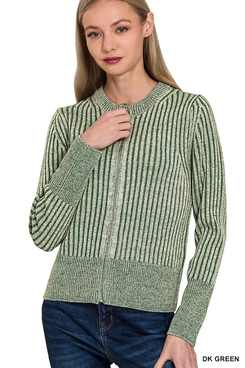 Zenana Ribbed Two Tone Zip Up Sweater Cardigan - Tigbul's Variety Fashion Shop