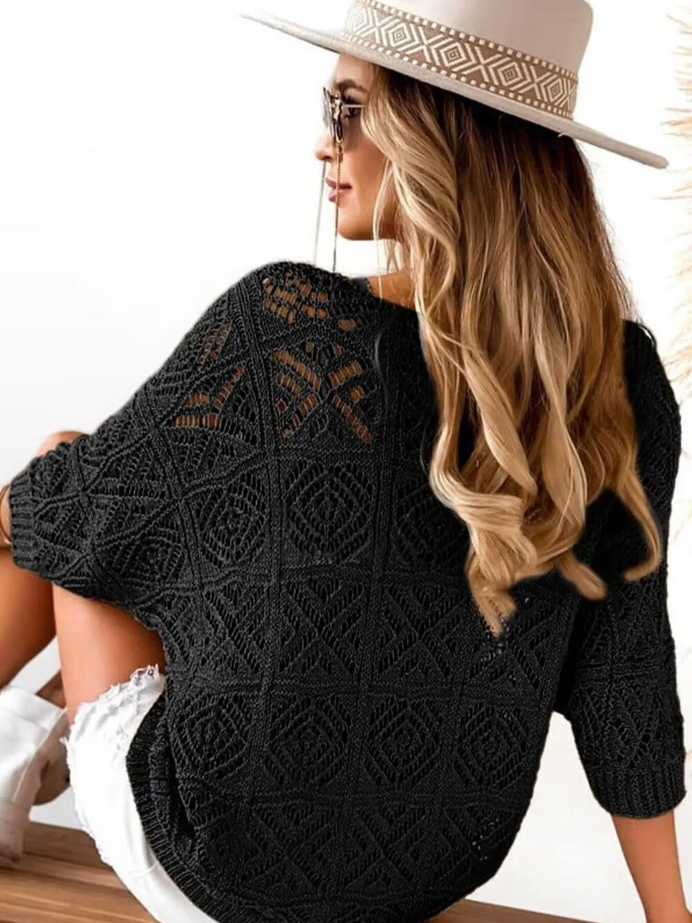 Openwork 3/4 Sleeve Knit Cover Up - Tigbul's Variety Fashion Shop