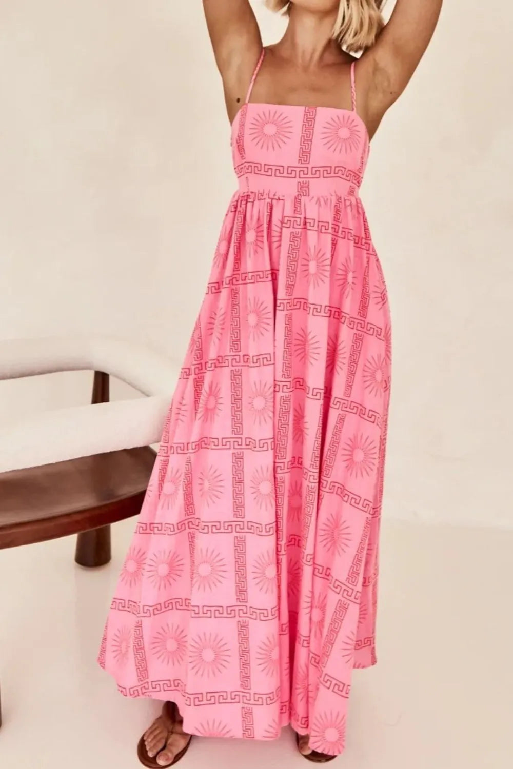 Cutout Back Printed Square Neck Maxi Cami Dress - Tigbul's Variety Fashion Shop