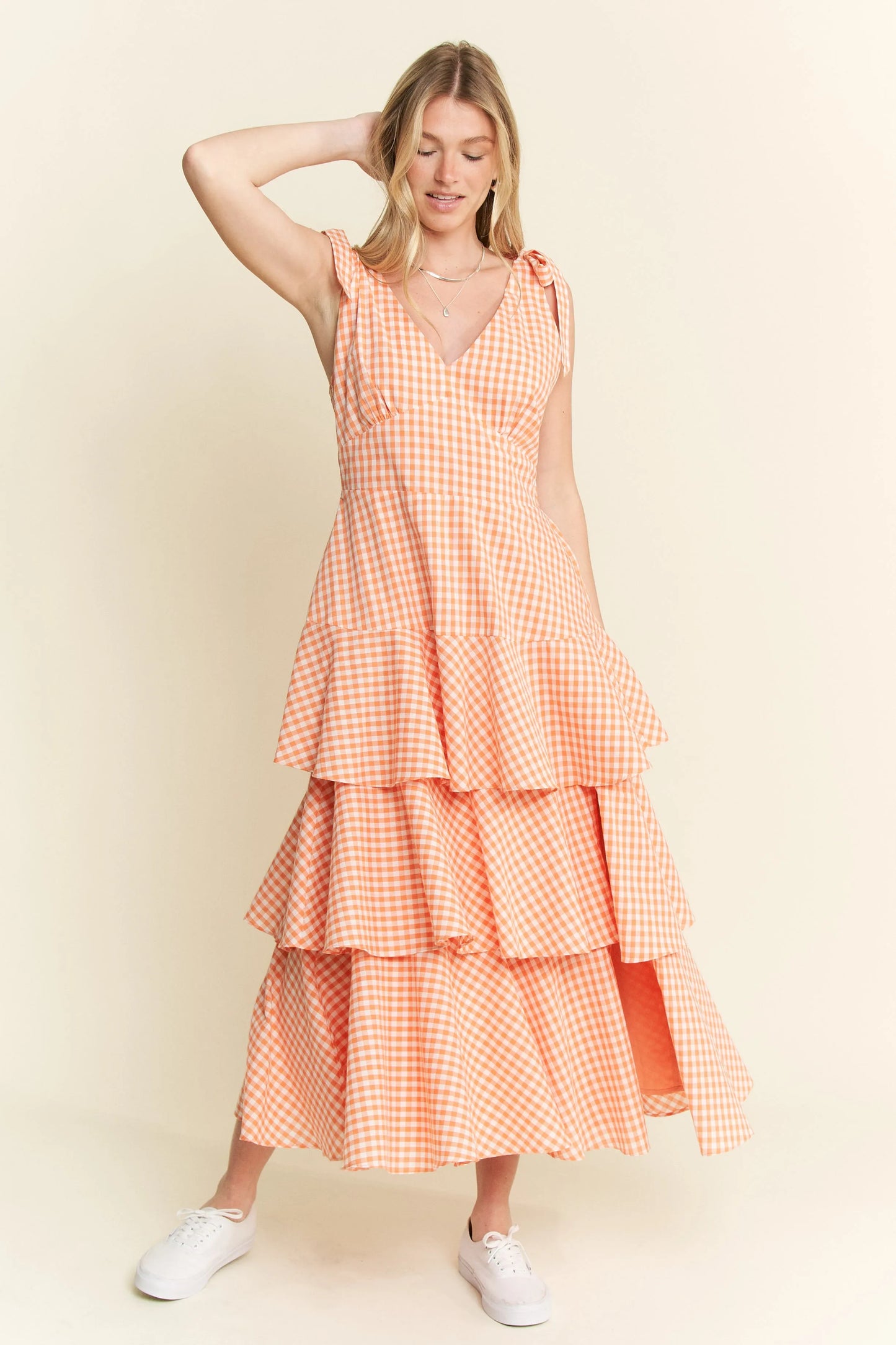 Orange Sleeveless Gingham Print Tiered Midi Dress - Tigbul's Variety Fashion Shop