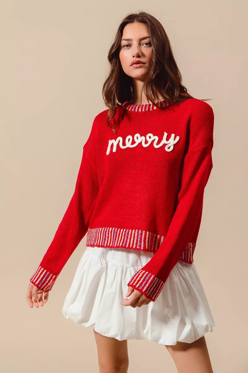 SO ME Merry Lettering Embroidered Christmas Sweater - Tigbul's Variety Fashion Shop