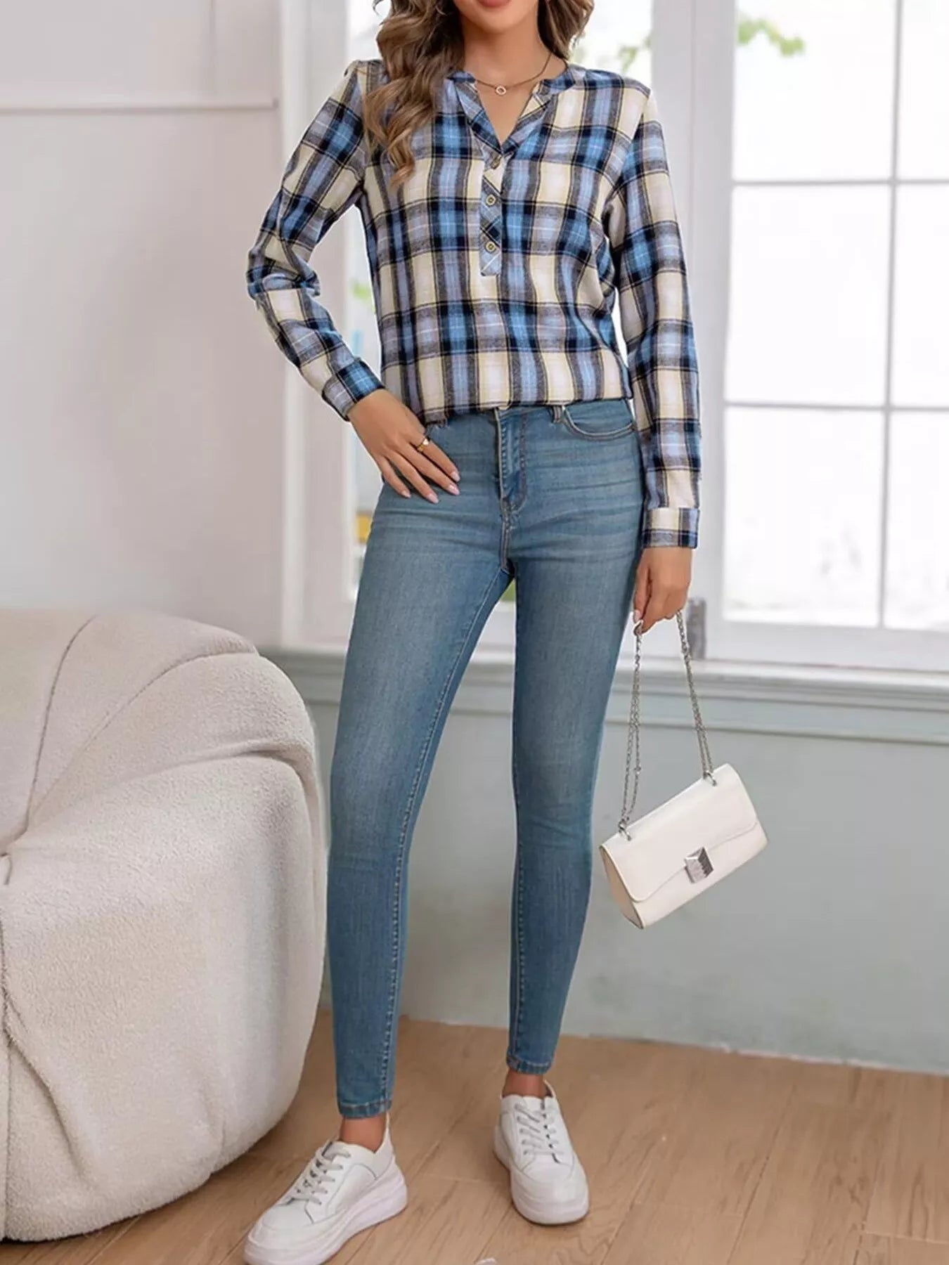 Plaid Half Button Long Sleeve Blouse - Tigbul's Variety Fashion Shop