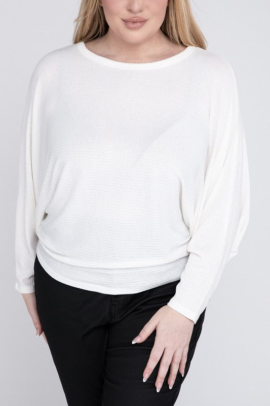 Plus Ribbed Batwing Long Sleeve Boat Neck Sweater - Tigbul's Variety Fashion Shop
