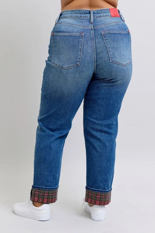 Judy Blue Full Size Mr Plaid Print Cuff Bf Jeans Plus Size - Tigbul's Variety Fashion Shop