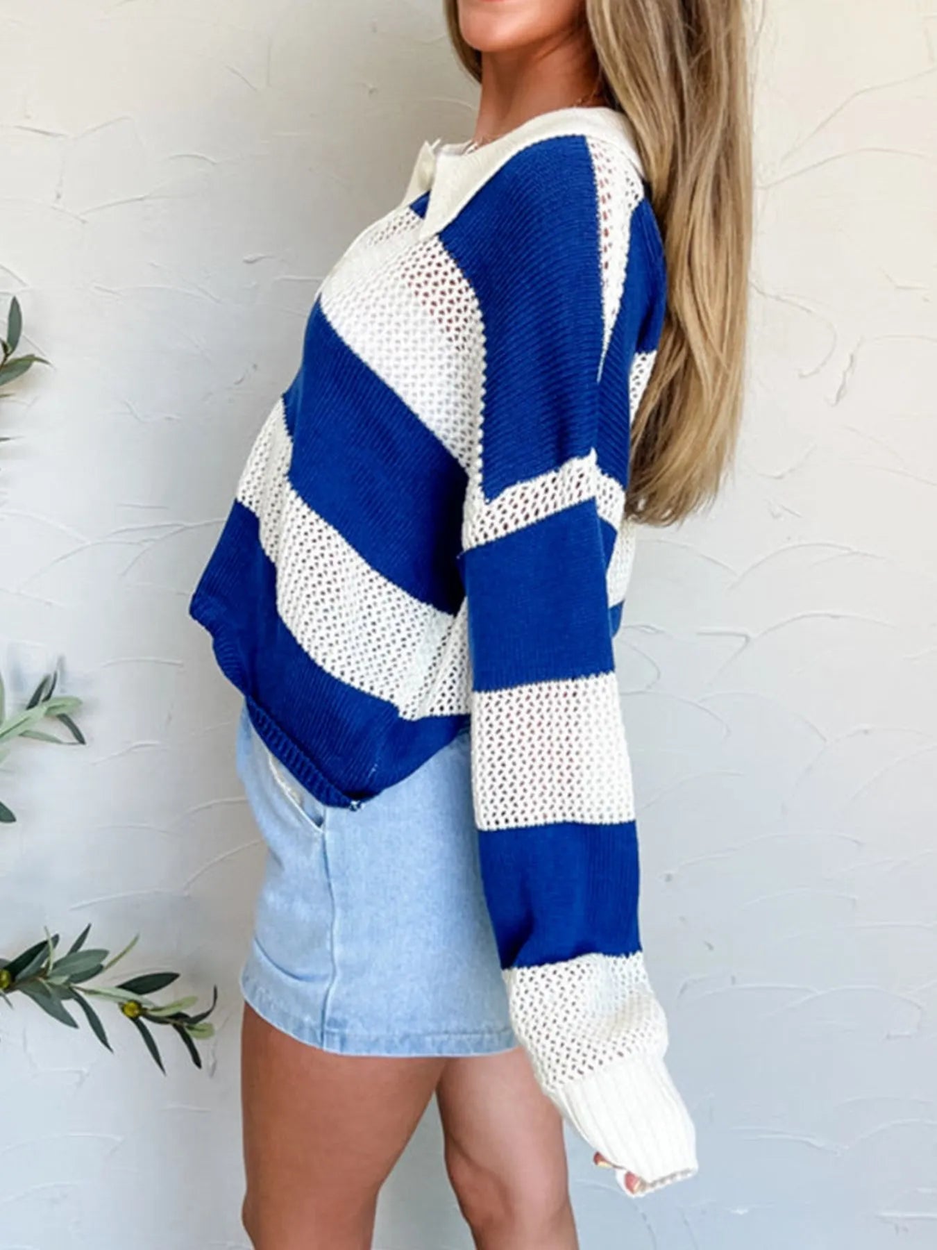 Stripe Colorblock Polo Collar Crochet Knitted Cover Up - Tigbul's Variety Fashion Shop