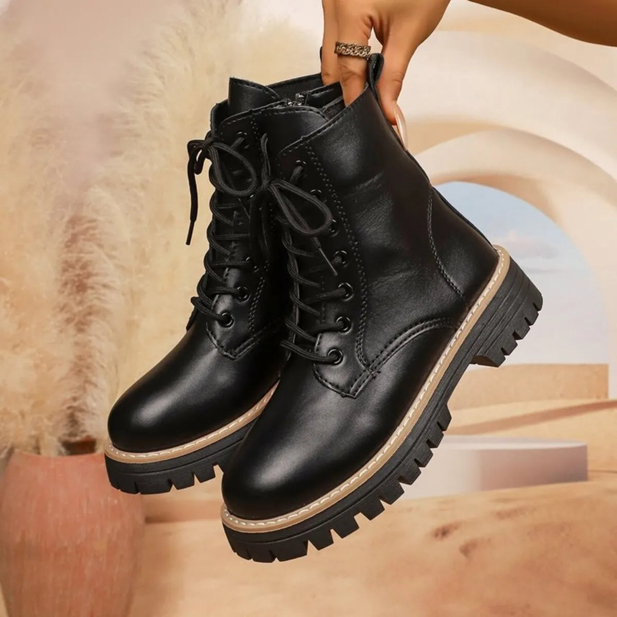 Lace Up Leather Combat Boots with Chunky Sole - Tigbul's Variety Fashion Shop