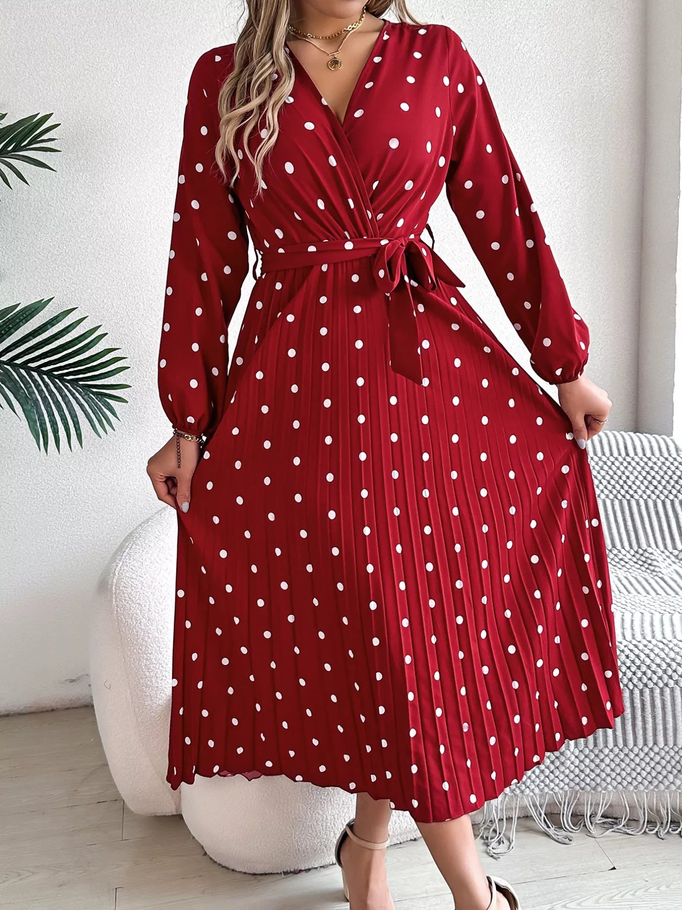 Front Tie Polka Dot Midi Pleated Dress - Tigbul's Variety Fashion Shop