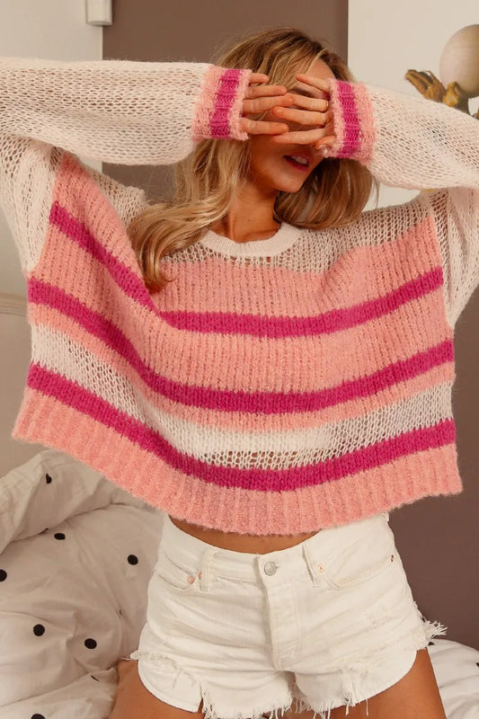BiBi Hollow Out Yoke Detail Striped Sweater - Tigbul's Variety Fashion Shop