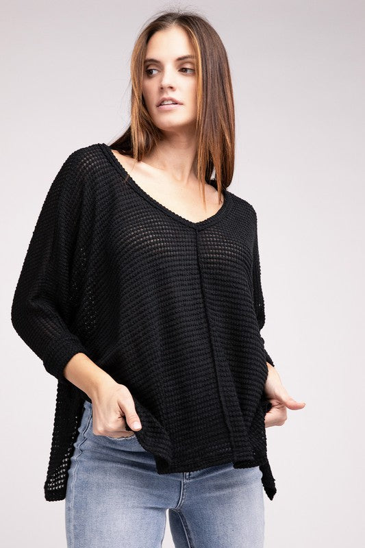 3/4 Sleeve V-Neck Hi-Low Hem Jacquard Sweater - Tigbul's Variety Fashion Shop