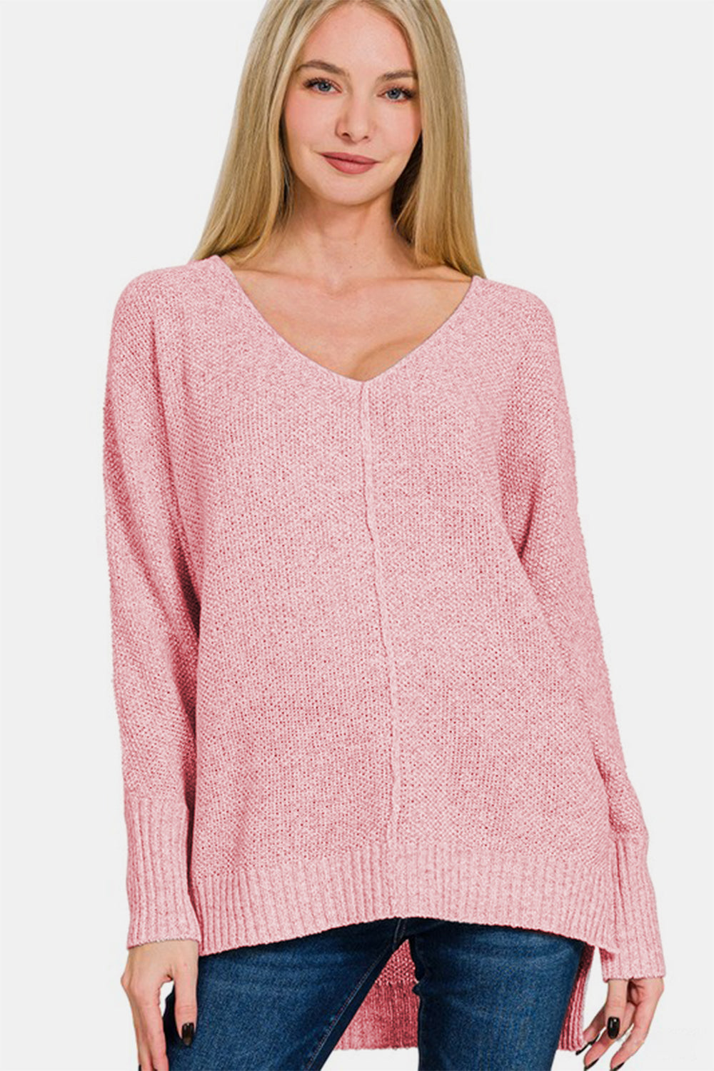 Pink High-Low Center Seam V-Neck Sweater - Tigbul's Variety Fashion Shop