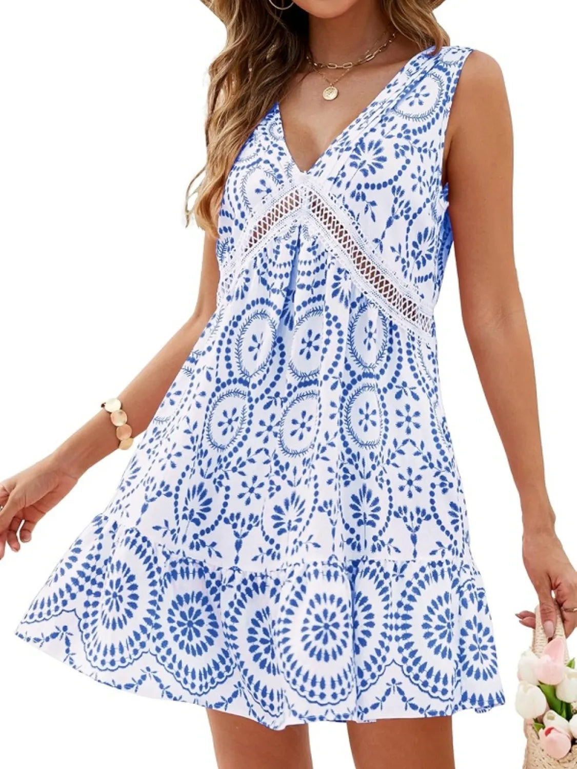 Printed V-Neck Sleeveless Mini Dress - Tigbul's Variety Fashion Shop