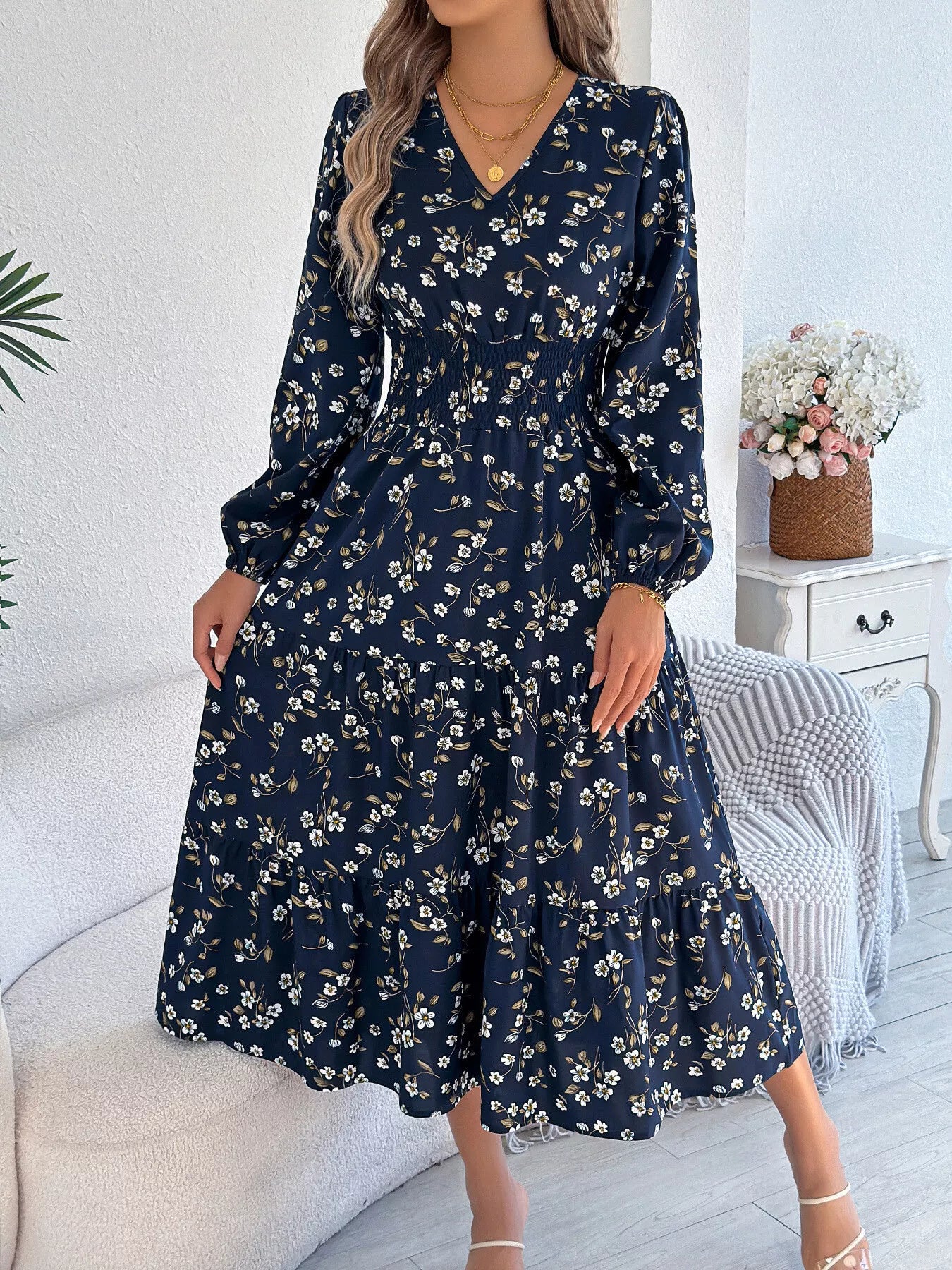 Floral Print Long Sleeve V-Neck Midi Dress - Tigbul's Variety Fashion Shop