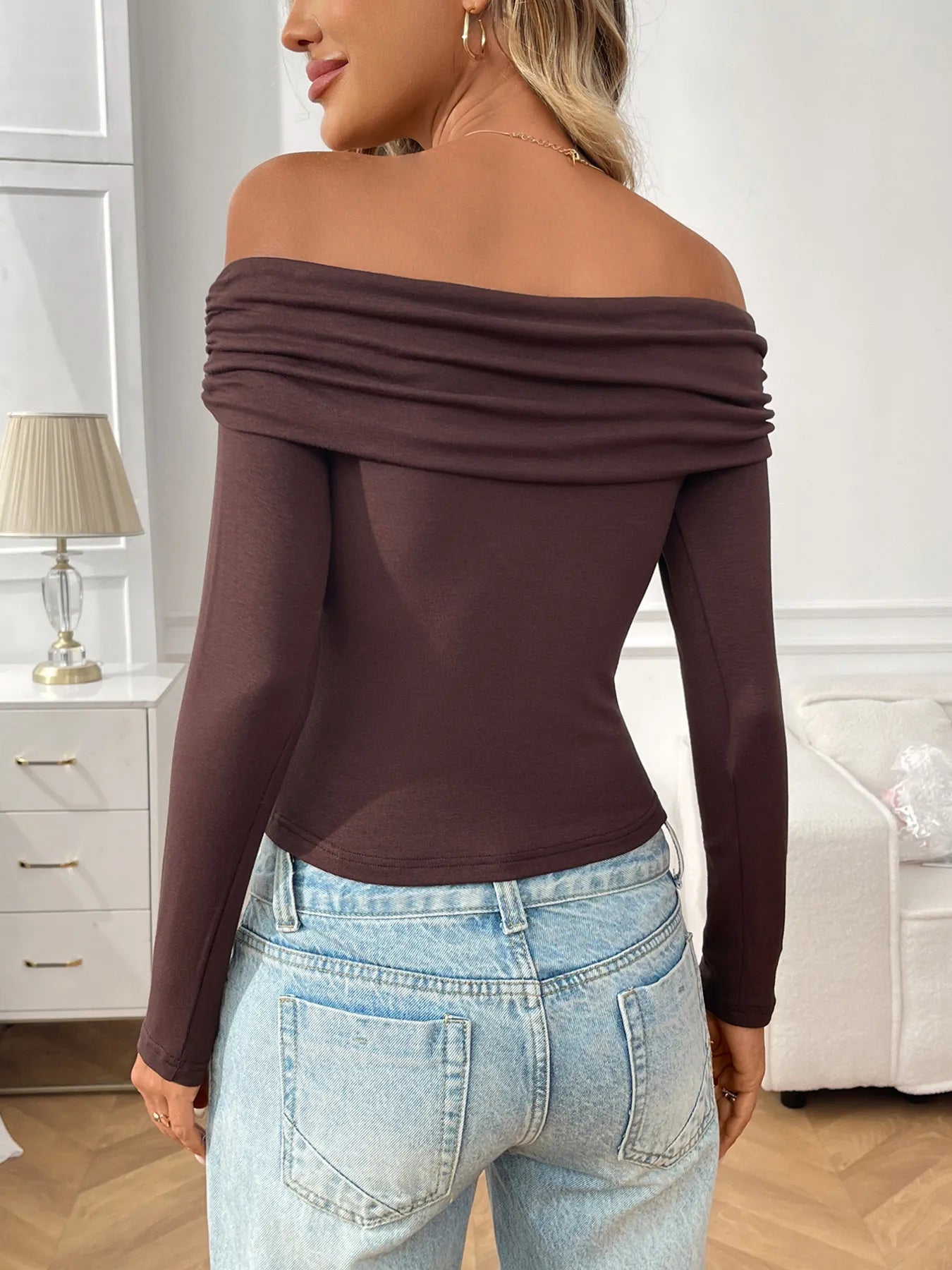 Off-Shoulder Long Sleeve Fitted T-Shirt - Tigbul's Variety Fashion Shop