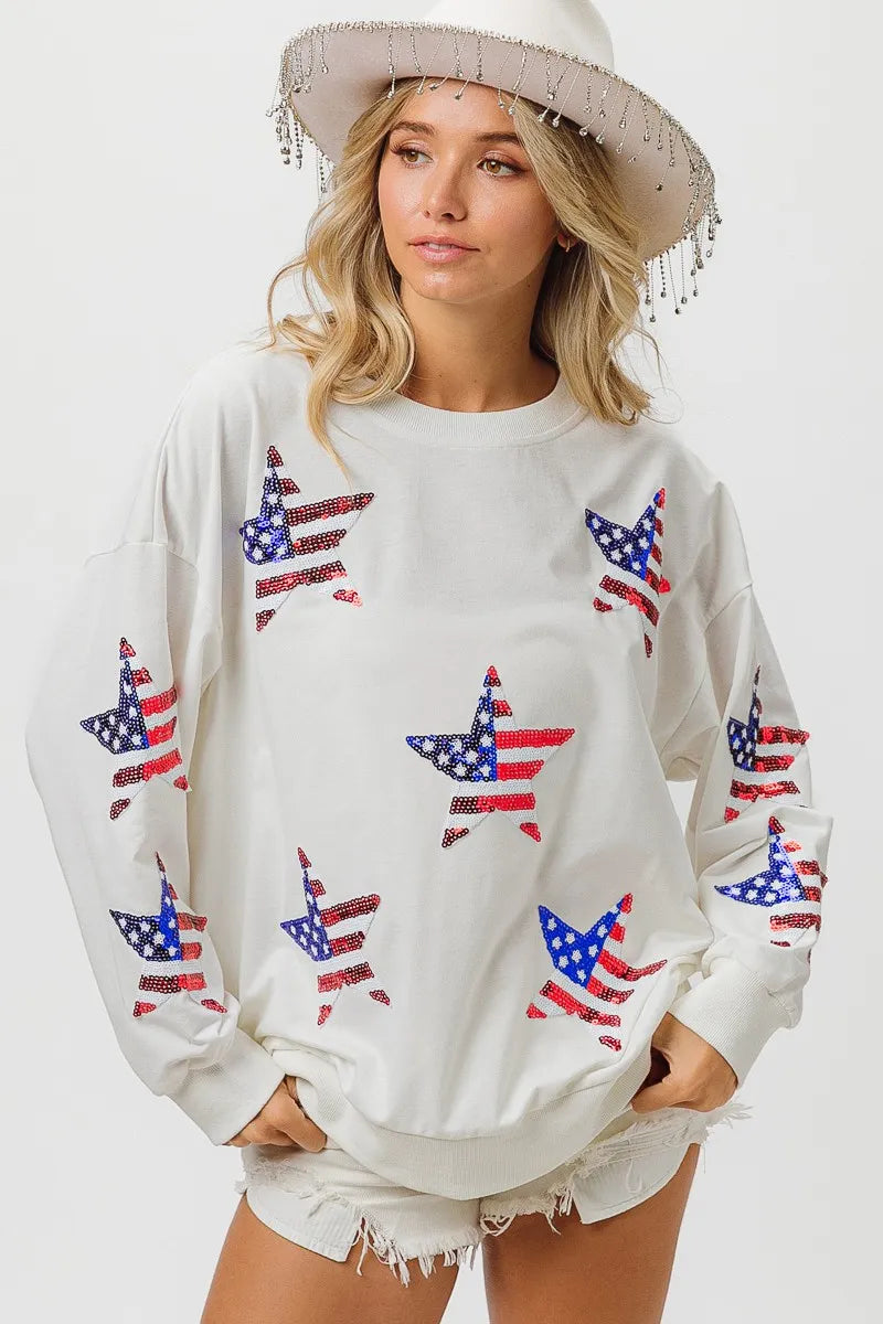 Off White American Flag Sequin Star Sweatshirt - Tigbul's Variety Fashion Shop