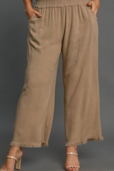 Tan Linen Blend Elastic Waistband Wide Leg Pants - Tigbul's Variety Fashion Shop