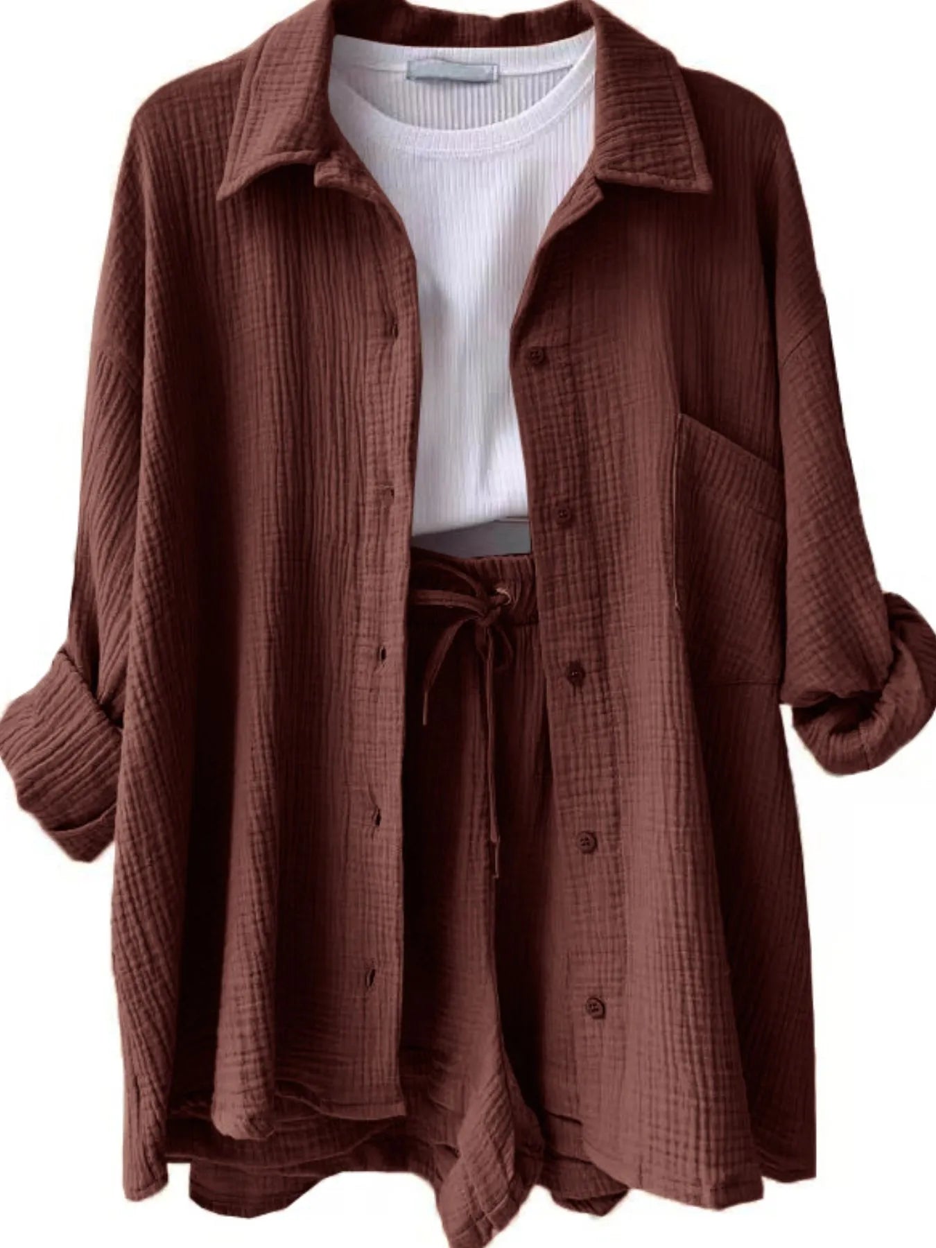 Textured Button Up Shirt and Shorts Set - Tigbul's Variety Fashion Shop