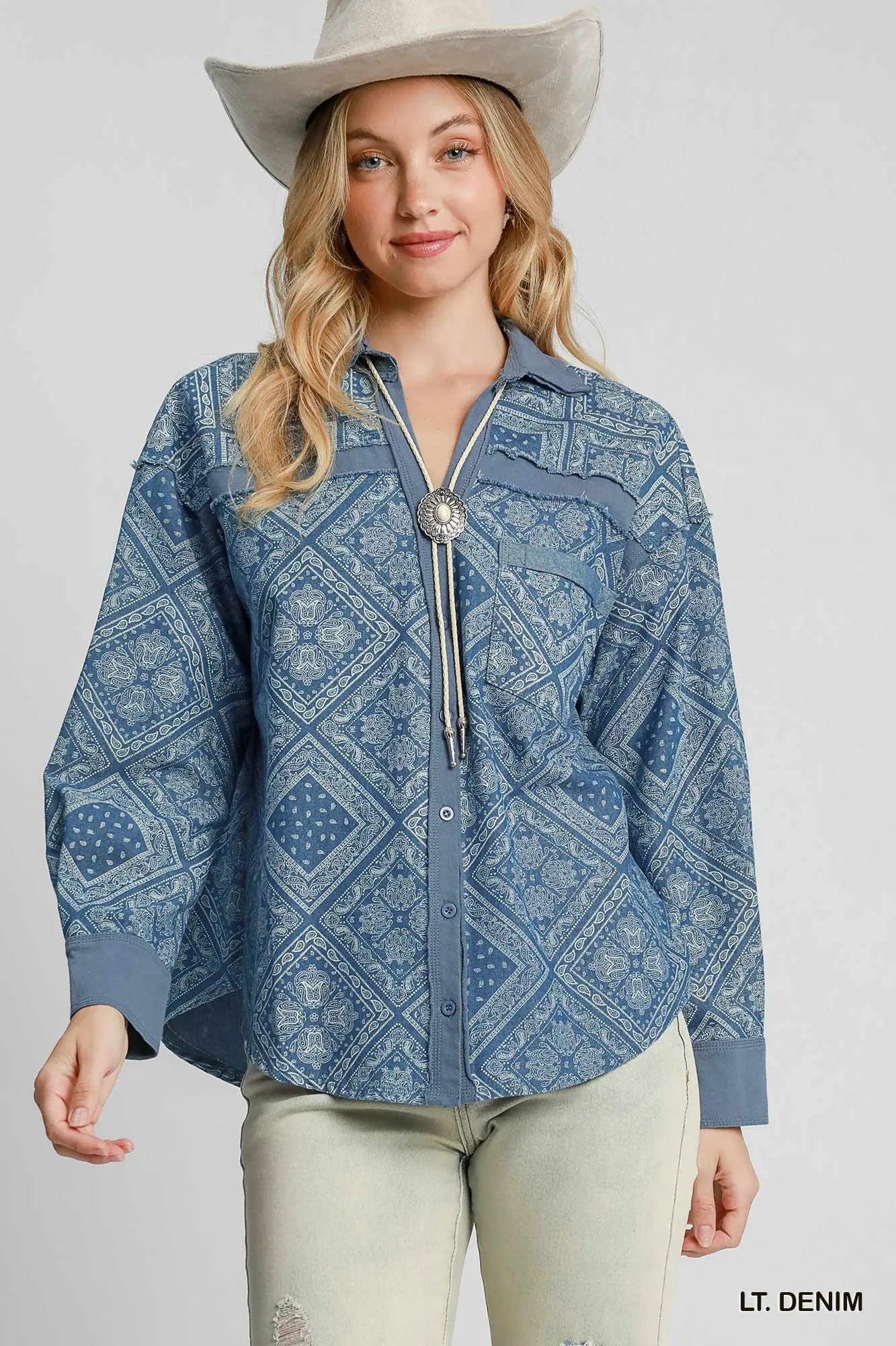 Umgee Paisley Print Denim Shirt Jacket - Tigbul's Variety Fashion Shop