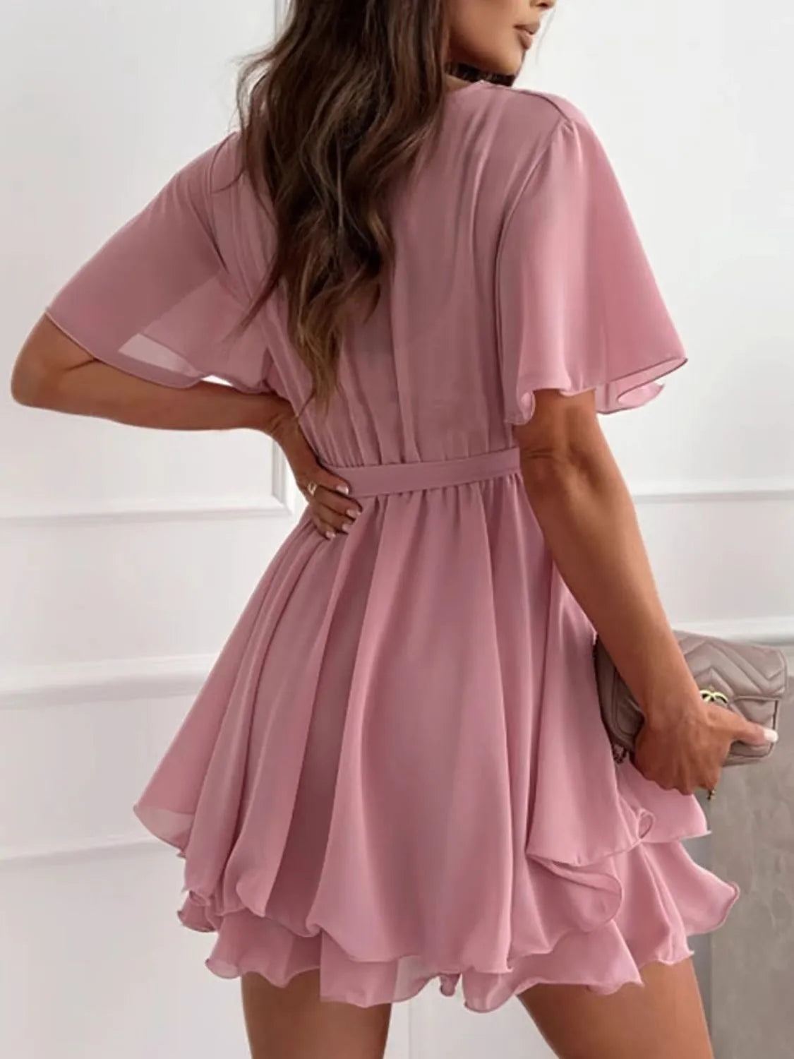 Surplice Flutter Sleeve Mini Dress - Tigbul's Variety Fashion Shop