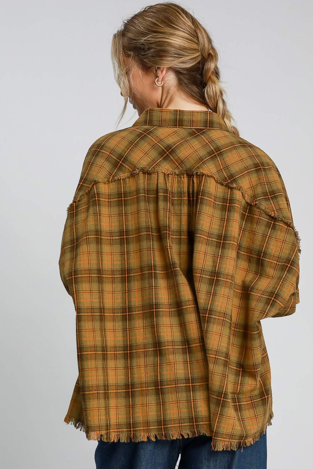 Umgee Full Size Raw Hem Plaid Collared Neck Half Sleeve Shirt Plus Size - Tigbul's Variety Fashion Shop