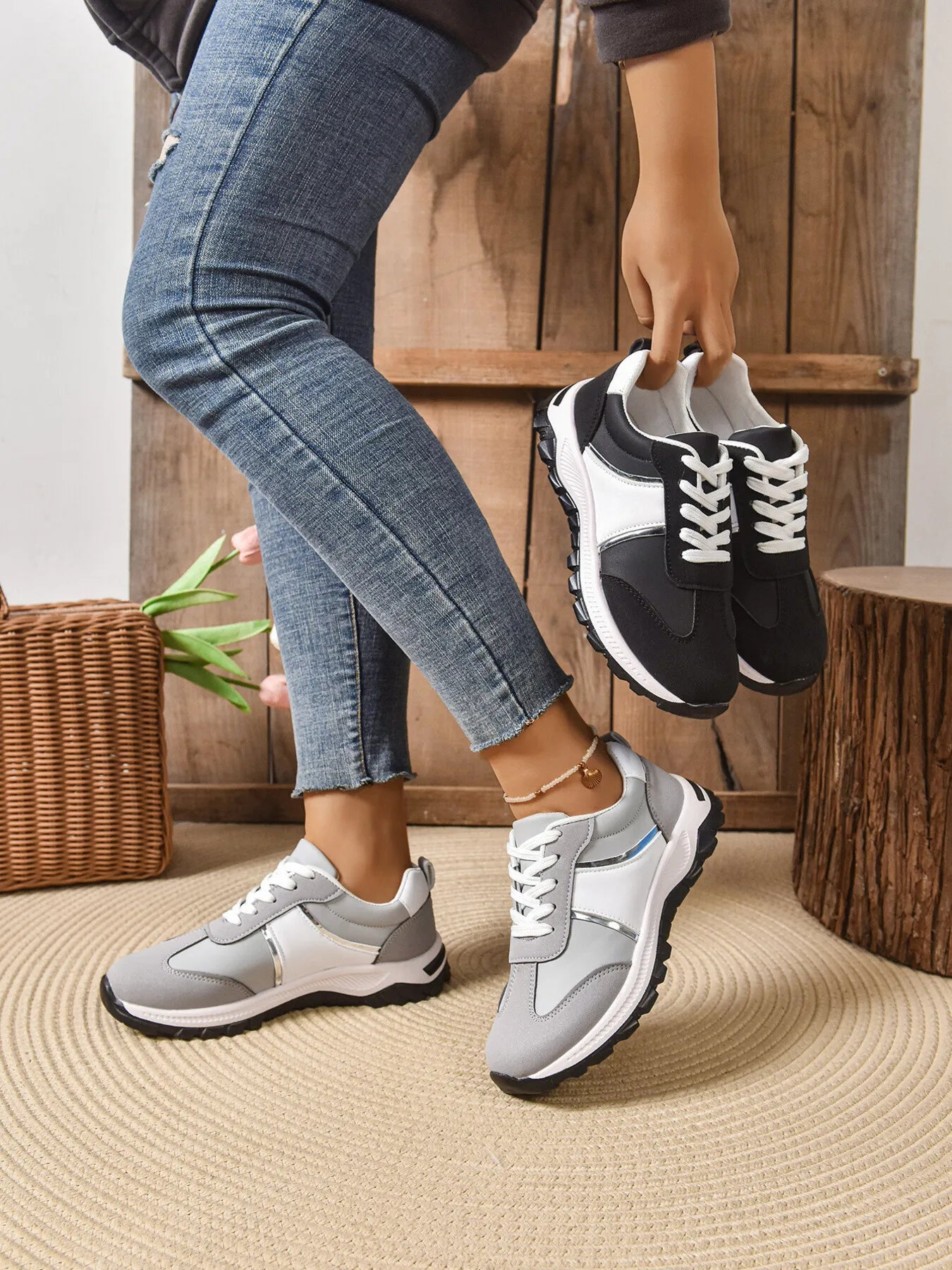 Contrast Lace Up Sneakers - Tigbul's Variety Fashion Shop