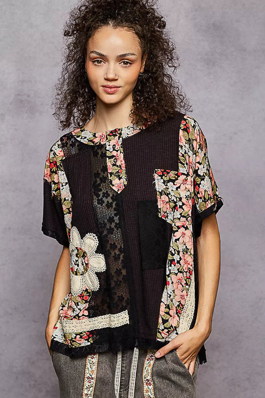 POL Lace Round Neck Short Sleeve Floral Pattern Top with Patch Detail - Tigbul's Variety Fashion Shop