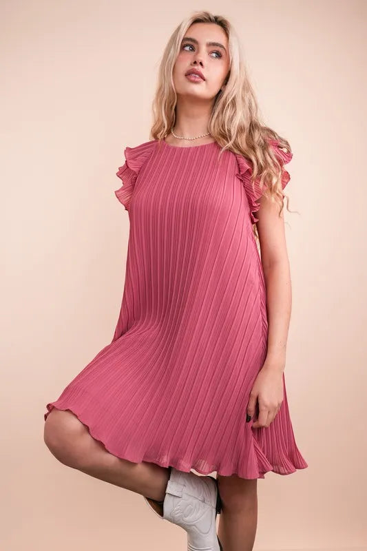 Mauve Plus Size Ruffle Sleeve Pleated Woven Mini Dress - Tigbul's Variety Fashion Shop