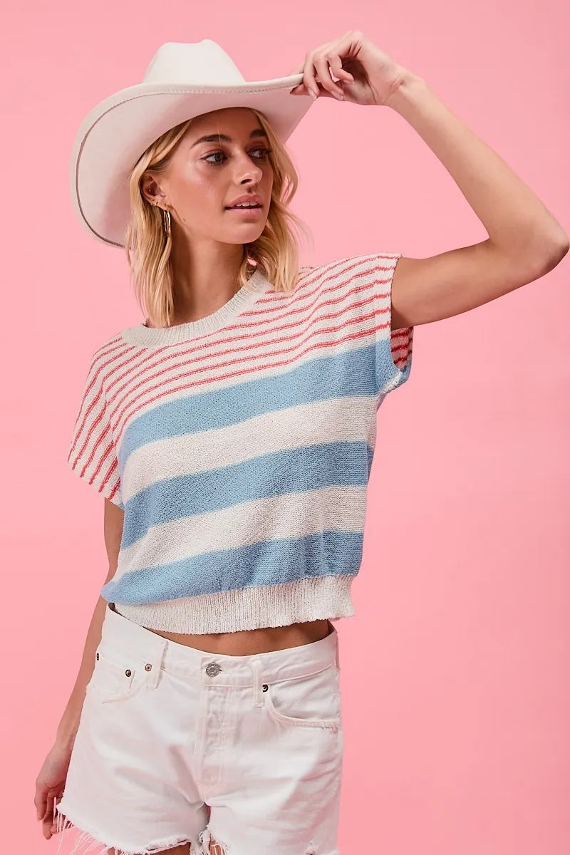 BiBi Stripes Lightweight Short Sleeve Sweater - Tigbul's Variety Fashion Shop