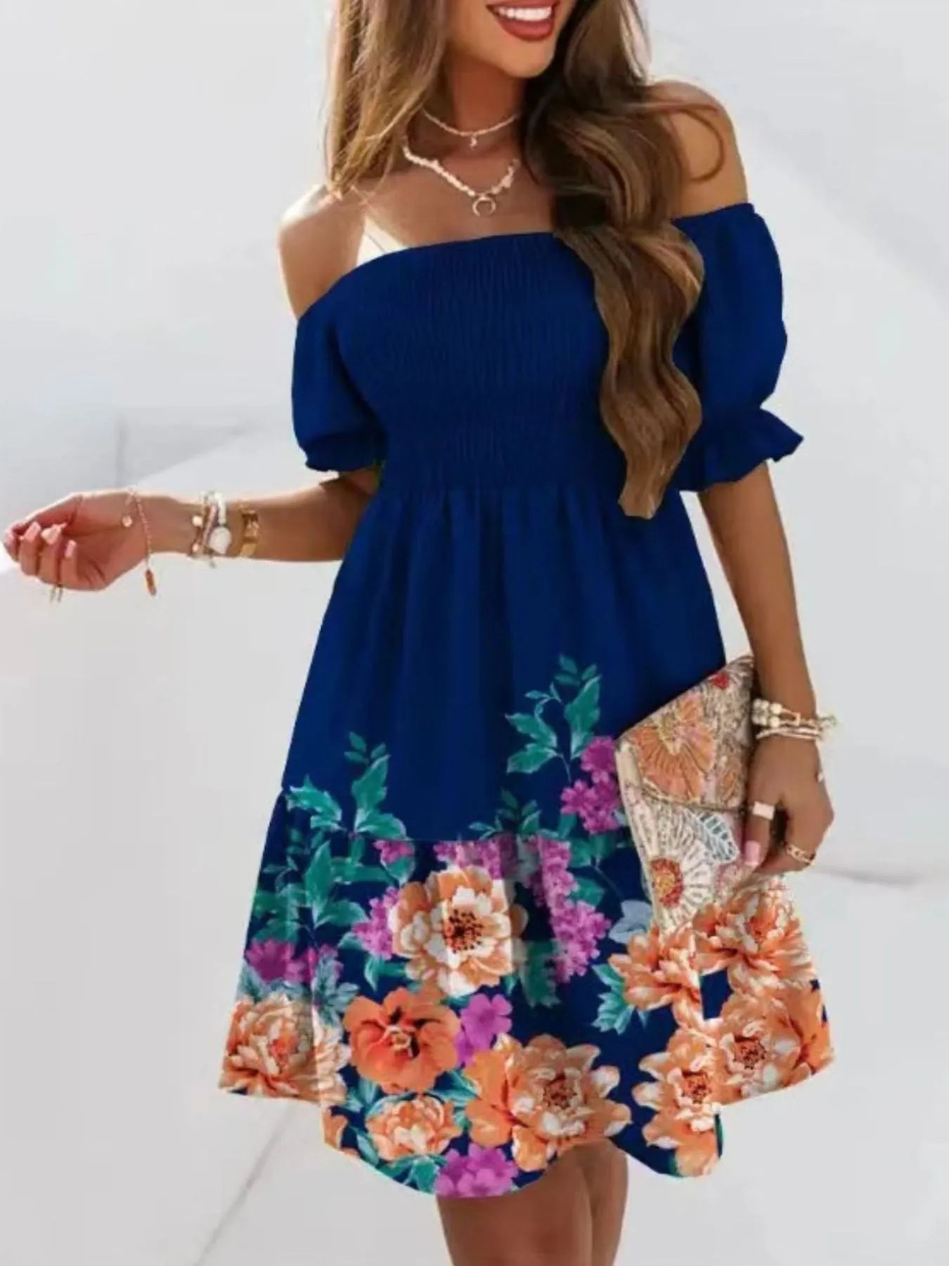 Off Shoulder Smocked Summer Dress - Tigbul's Variety Fashion Shop