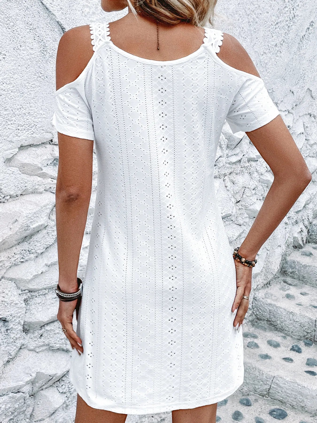 Cold Shoulder Short Sleeve Eyelet Mini Dress - Tigbul's Variety Fashion Shop