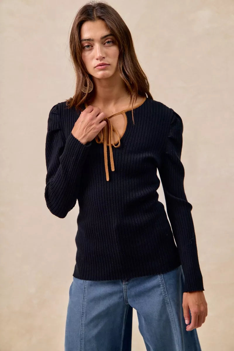 BiBi Ribbed Contrast Front Tied Top with Shrried - Tigbul's Variety Fashion Shop