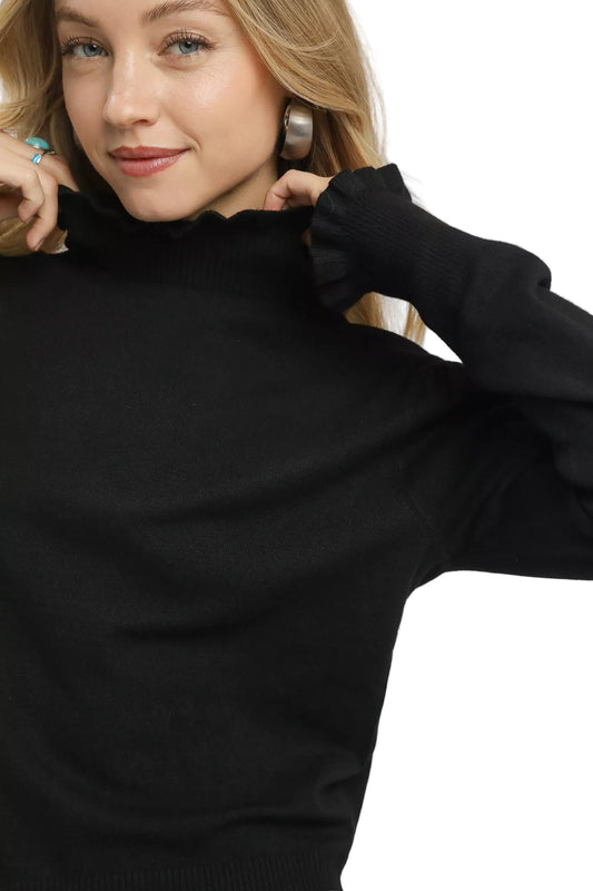 Black Ruffled Mock Neck Puff Sleeve Sweater - Tigbul's Variety Fashion Shop