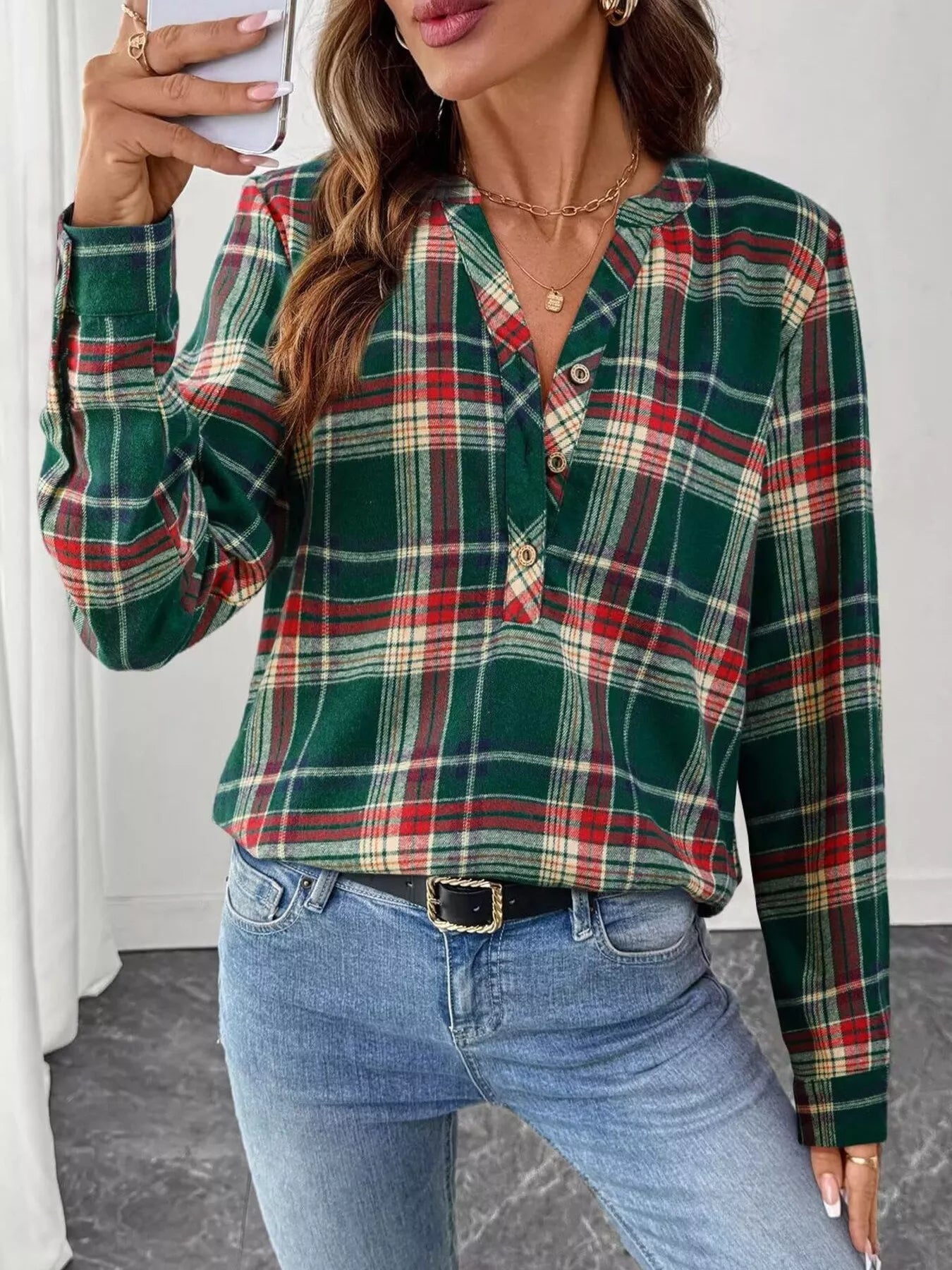 Plaid Half Button Long Sleeve Blouse - Tigbul's Variety Fashion Shop