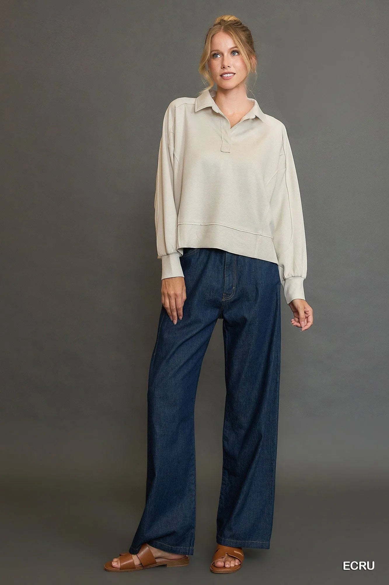 Umgee Collared Neck Long Sleeve Top with Raw Hem Detail - Tigbul's Variety Fashion Shop