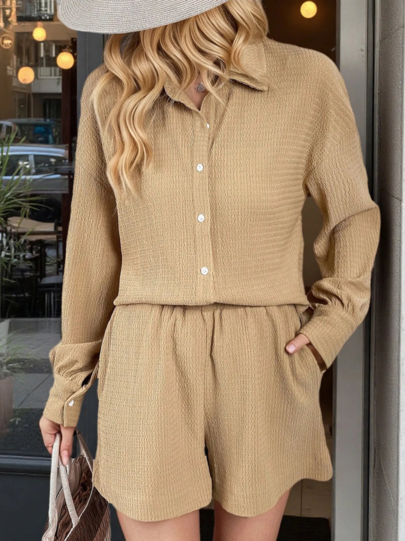 Button Up Long Sleeve Shirt and Shorts Set - Tigbul's Variety Fashion Shop