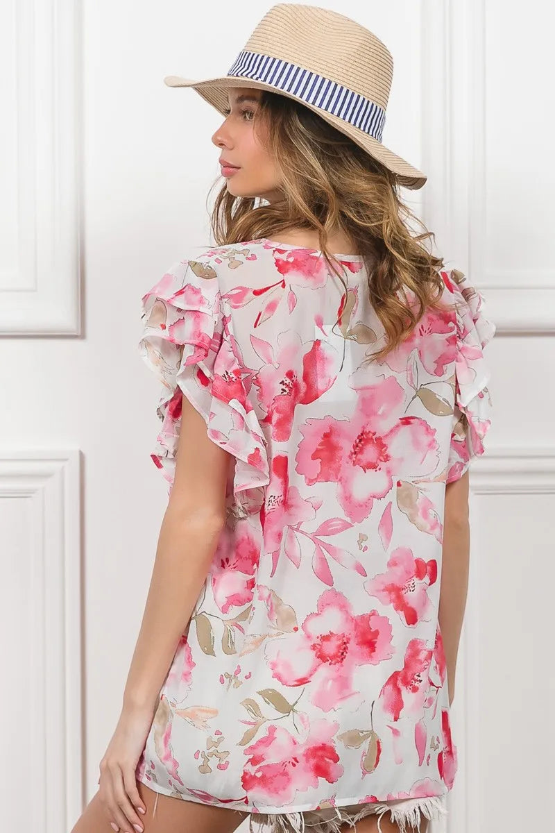 BiBi Floral Print Flutter Sheer Top - Tigbul's Variety Fashion Shop