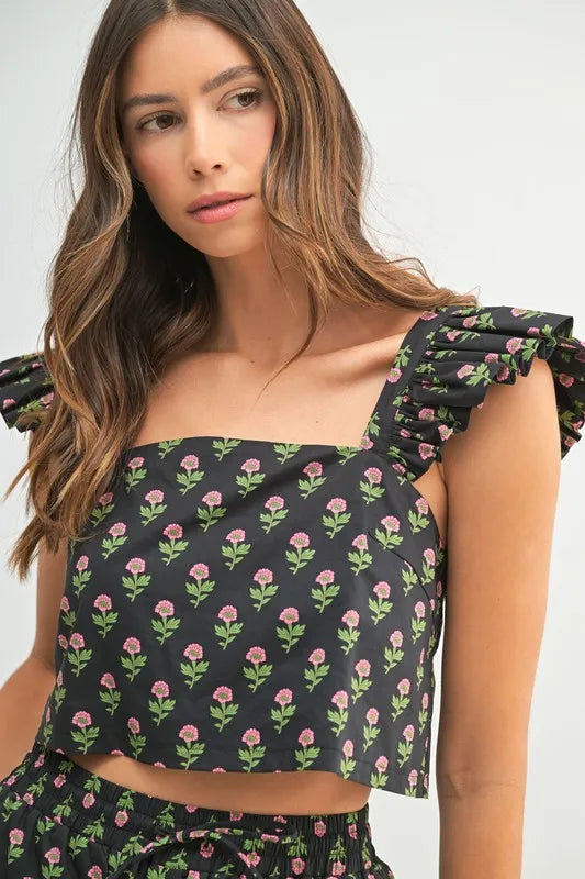 Black Floral Print Ruffle Top and Pants Set - Tigbul's Variety Fashion Shop
