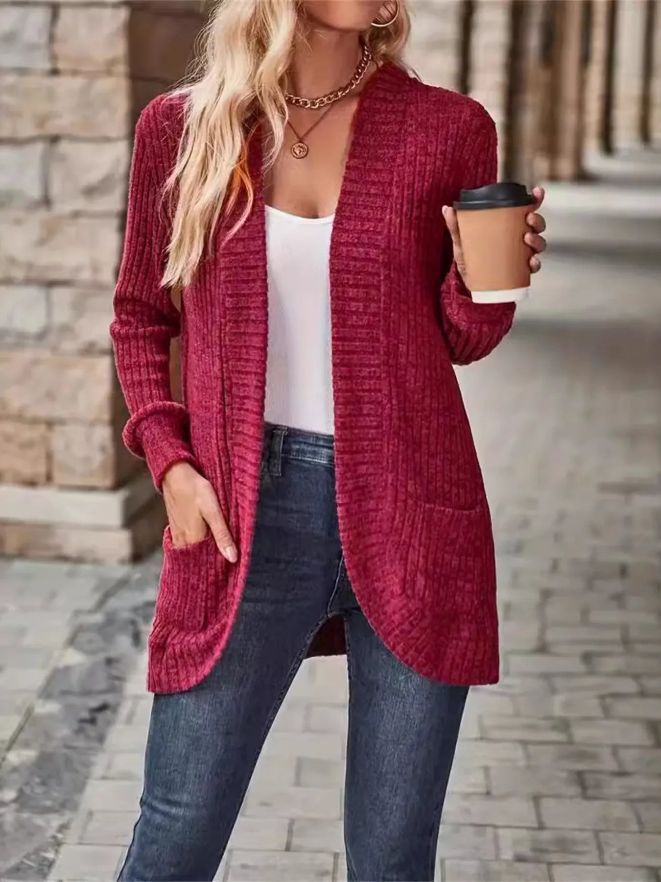 Ribbed Open Front Long Cardigan with Pockets - Tigbul's Variety Fashion Shop