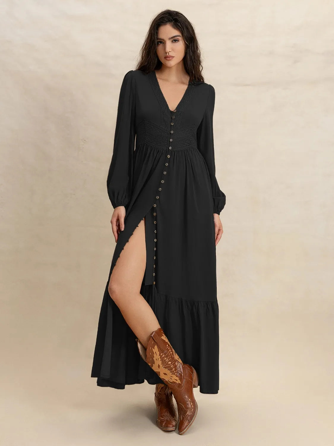 V-Neck Long Sleeve Dress - Tigbul's Variety Fashion Shop