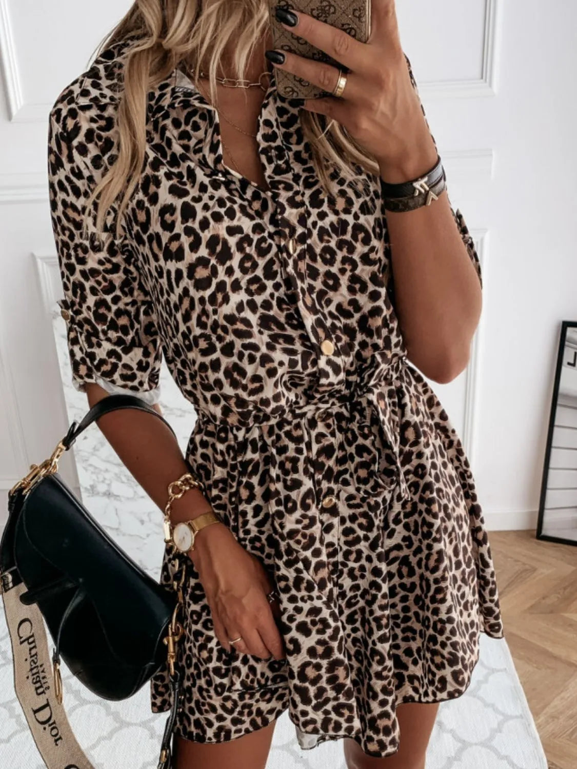 Printed Tie Waist Roll-Tab Sleeve Mini Dress - Tigbul's Variety Fashion Shop