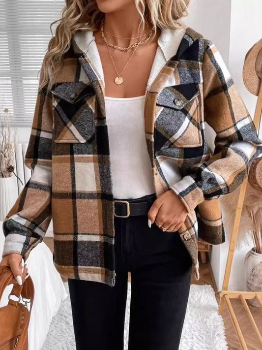 Hooded Plaid Button Up Jacket - Tigbul's Variety Fashion Shop