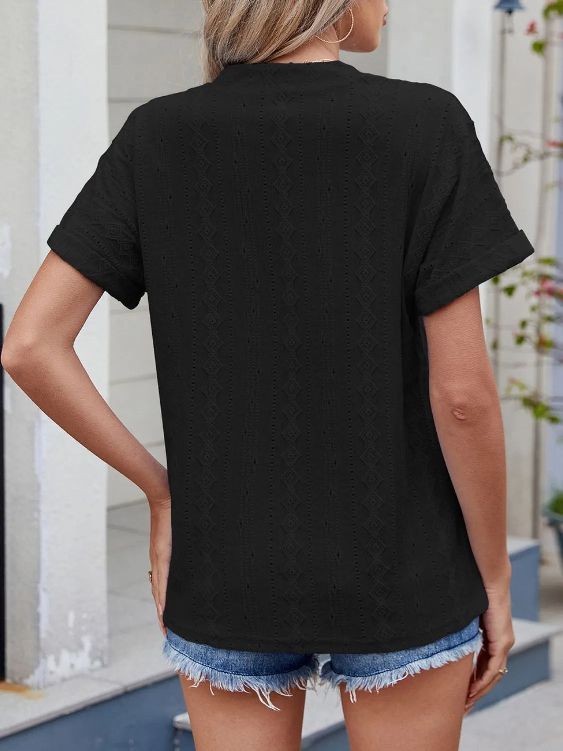 Eyelet Notched Short Sleeve Top - Tigbul's Variety Fashion Shop