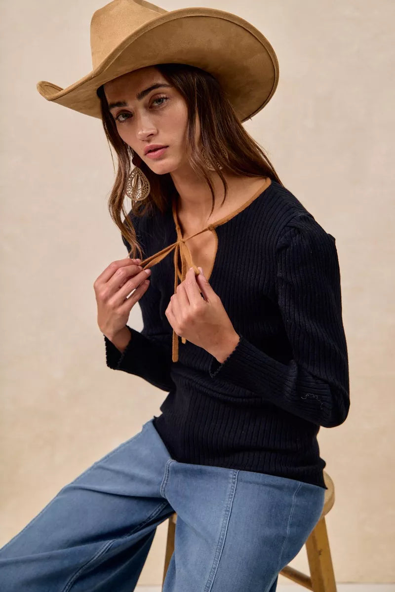 BiBi Ribbed Contrast Front Tied Top with Shrried - Tigbul's Variety Fashion Shop